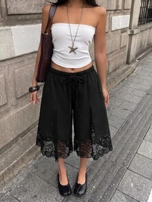 Coolane 女款時尚通勤蕾絲拼接寬腿短褲 - 黑色 - 查看 6