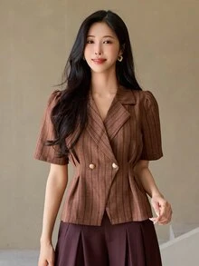 DAZY Women's Elegant Commute Striped Petal Sleeve Blouse - Coffee Brown - View 5