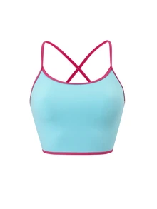 Dewbera Dewbera Lace Up Backless Contrast Binding Crop Sports Cami Top - Blue - View 7
