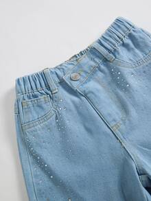 SHEIN Elladie kids 少女彈性腰水鑽裝飾寬腿牛仔褲 - 淺色水洗藍 - 查看 7