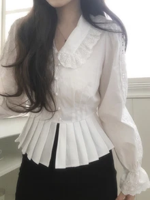 DAZY Solid Schiffy Ruffle Trim Flare Sleeve Pleated Hem Shirt Vacation - White - View 1