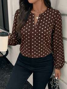 EMERY ROSE Blusa de talla grande con estampado de lunares, cuello con muesca y mangas farol - Marrón - Ver 5