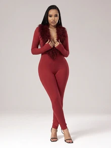 Glyssa Fuzzy Trim Unitard Jumpsuit - Burgundy - View 5