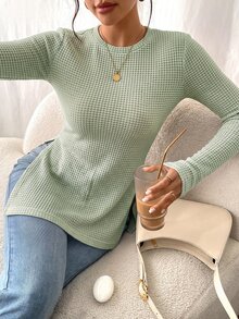 SHEIN Frenchy Solid Waffle Knit Split Hem Tee - Mint Green - View 6