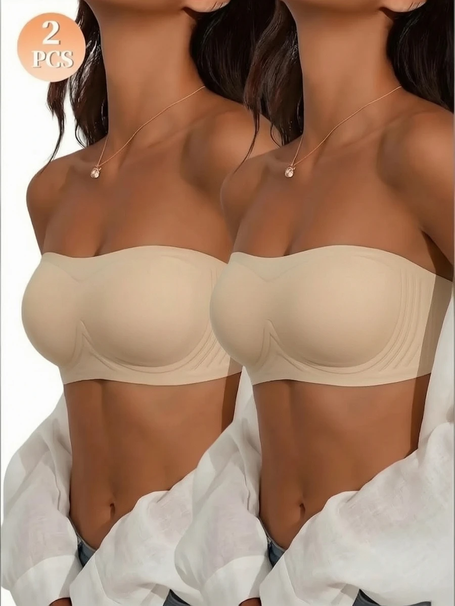 SHEIN 2pcs Women's Solid Color Seamless Jelly Glue Non-Removable Lining Bandeau Bra