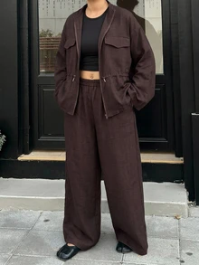 Livesso Plus Size Zip-Up Long Sleeve Versatile Jacket And Loose Pants 2 Pieces Set Fall - Brown - View 2