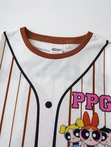 THE POWERPUFF GIRLS X SHEIN Tween Girl Striped Letter Cartoon Print Casual Daily Short Sleeve T-Shirt - Brown - View 3