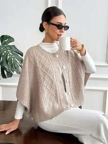 SHEIN Frenchy Cable Knit Batwing Sleeve Cardigan - Apricot - View 4