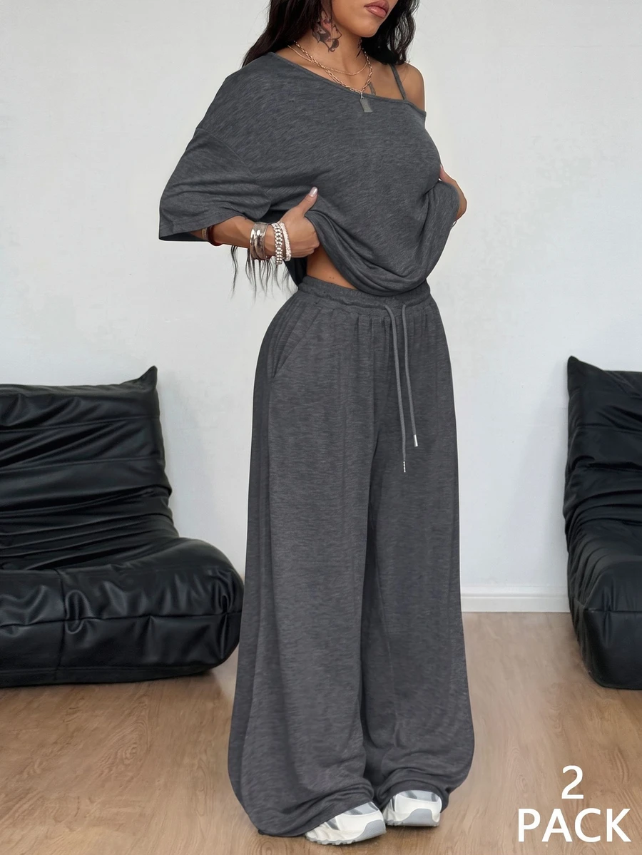 Coolane Asymmetrical Neck Tee & Wide Leg Pants - Dark Grey - View 1