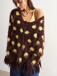 Bohemela Polka Dot Pattern Fringe Trim Drop Shoulder Sweater - Coffee Brown - View 6