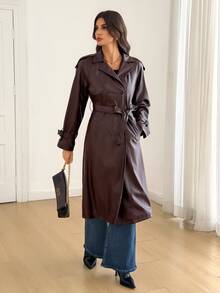 SHEIN Tall Double Breasted Belted PU Trench Coat - Brown - View 1