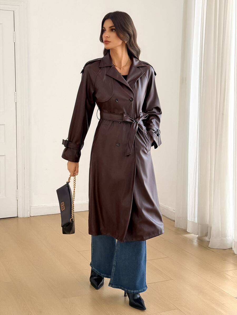 SHEIN Tall Double Breasted Belted PU Trench Coat - Brown - View 1