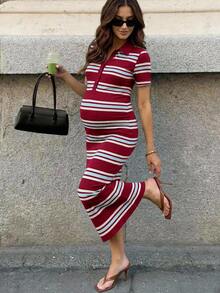 MaterniWear Maternity Striped Casual Daily Summer Travel Dress Black And Red - Red - View 1