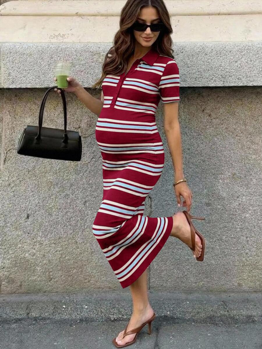 MaterniWear Maternity Striped Casual Daily Summer Travel Dress Black And Red - Red - View 1