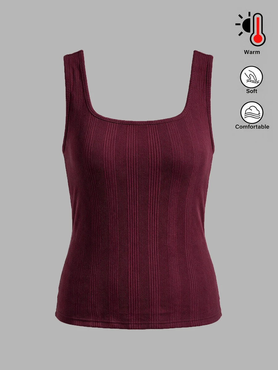 EMERY ROSE Chic Plus Size Maroon Ribbed Square Neck Tank Top Soft Warm Comfortable Fit Basic Back To School Going Out  Fall/Winter - Burgundy - View 1