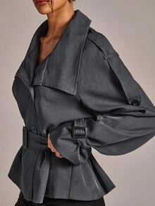 SHEIN BAE 高領雙排扣繫腰風衣 深灰色 秋冬休閒通勤商務外套 - 深灰色 - 查看 4