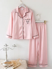 SHEIN 女童愛心印花對比滾邊緞面睡衣套裝 - 彩色 - 查看 6