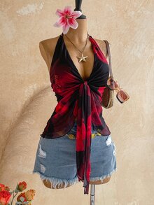 Soleia Plus Floral Print Tie Front Mesh Halter Top - Multicolor - View 3