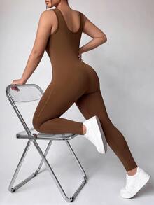 SHEIN Velisys Plus Solid Scoop Neck Sports Jumpsuit - Coffee Brown - View 6