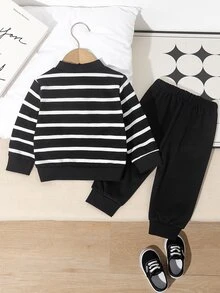 Boy's Spring Casual Striped Racing Style Black And White Color Scheme Sweatshirt And Pants Parent-Child Matching School Uniform - Black - View 2