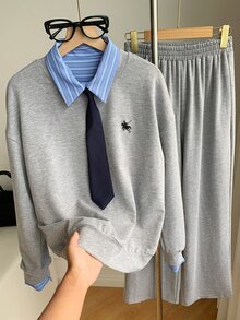 Comfortcana Contrast Collar 2 In 1 Top & Pants With Tie - Light Grey - View 4