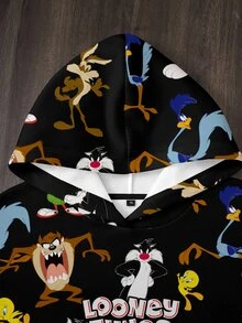 LOONEY TUNES X SHEIN 大尺碼卡通圖案落肩連帽衛衣 - 白色 - 查看 4