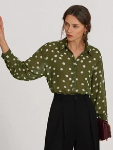 Aveloria Modichic Women Blouses Shirts Office Green Polka Dot Fall Vintage Casual French Elegant - Multicolor - View 3
