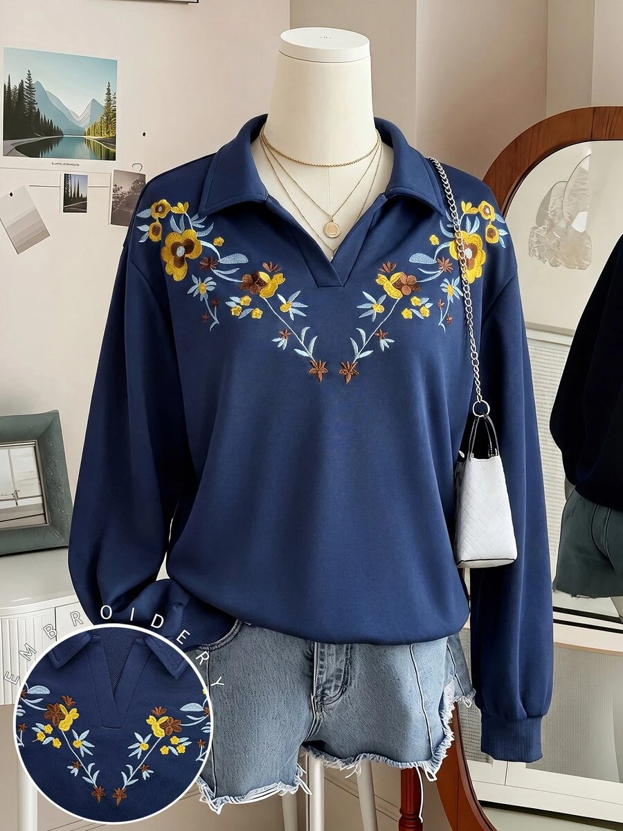 INAWLY 花卉刺繡落肩衛衣 - 寶藍色 - 查看 1