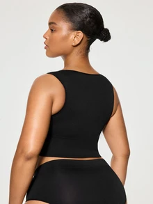 SHAPORA 1pc Plus Size Solid Color Front Button Shaping Top - Black - View 2