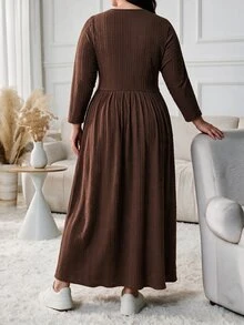 Lacomfia Plus Size V Neck Wrap Long Sleeve Dress, Textured Knit Brown A-Line Fall Dress, Casual Modest Dress For Daily Wear, Autumn Gathering - Brown - View 2