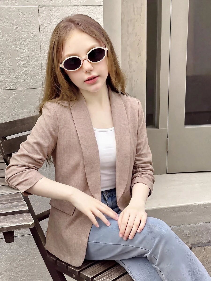 青少年女孩休閒長袖西裝外套,返校季,學院風 - 卡其色 - 查看 1