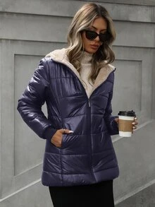Aveloria Modichic 簡約格紋絎縫連帽拉鍊加厚外套 冬季休閒百搭款 - 藍色 - 查看 5