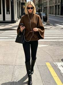 SHEIN PariChic Solid Belted Cape Overcoat - Coffee Brown - View 5