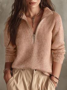 SHEIN LUNE CURVE Plus Half Zip Drop Shoulder Sweater Autumn Formal Club Vacation Dusty Pink Casual Baggy Traditional - Pink - View 4