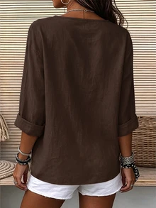Zayélia Solid Button Front Blouse - Coffee Brown - View 2