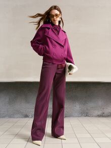 MOTF PREMIUM SOLID HIGH NECK DROP SHOULDER DOUBLE BREASTED PLACKET CROP COAT - Purple - View 4