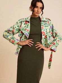 LOTSLUV Women's Mint Green Cropped Drop Shoulder Jacket, Allover Floral Print, Lapel Collar, Zip Front, Western 70's Elegant Autumn Daytime Night Out Party - Multicolor - View 6