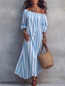 Breezaya Striped Print Asymmetrical Shoulder Dress - Blue and White - View 1