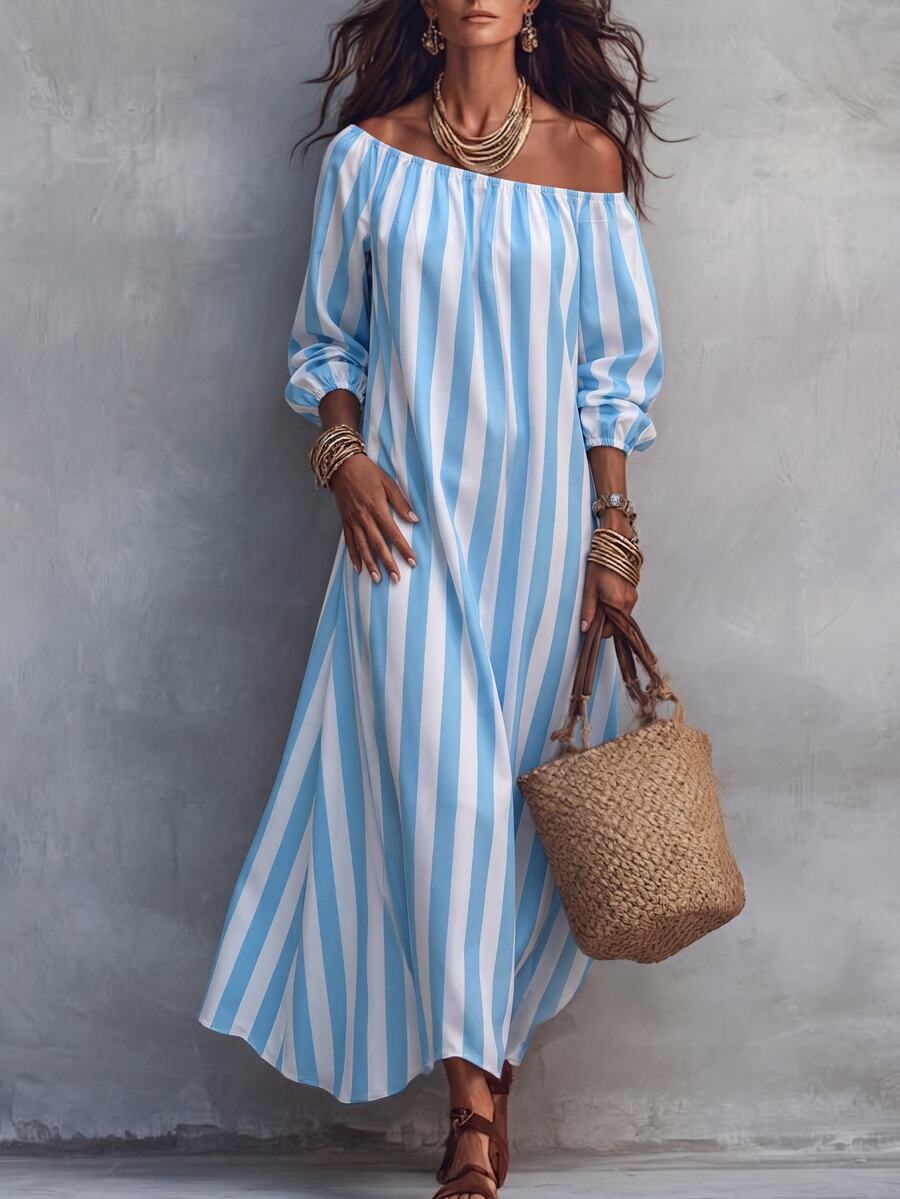 Breezaya Striped Print Asymmetrical Shoulder Dress - Blue and White - View 1