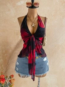 Soleia Plus Floral Print Tie Front Mesh Halter Top - Multicolor - View 1