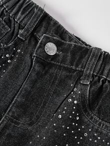 SHEIN Elladie kids 少女彈性腰保暖內裡牛仔褲 - 黑色 - 查看 5