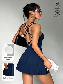 SHEIN Dewbera Gaun Olahraga Tanpa Punggung dengan Desain Silang - Navy Blue - View 3