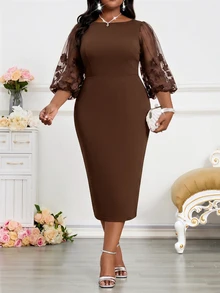SHEIN Lady Plus Size Elegant Party Floral Embroidered Mesh Patchwork Dress - Brown - View 6