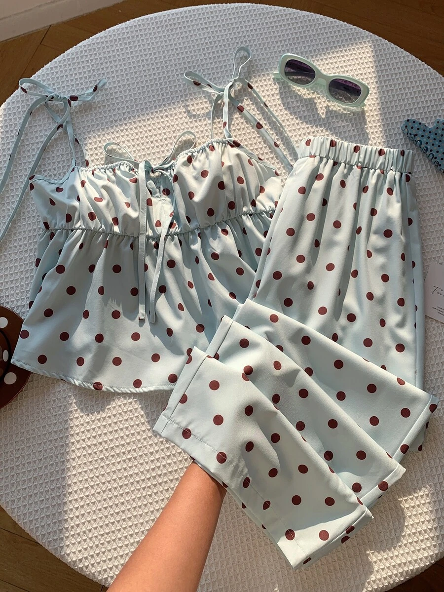 Comfortcana 女款春夏休閒黑色波點印花細肩帶背心與長褲兩件套,夏季可愛波點兩件套,情人節波點兩件套 - 綠色 - 查看 1