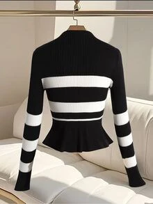GlowEve CURVE Cardigan Rajut Lengan Panjang Kancing Tunggal Model Blok Warna Ukuran Plus untuk Musim Dingin - Hitam - View 2