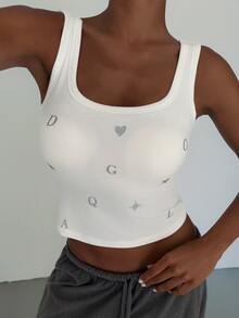 Livesso Camiseta de tirantes corta para dormir con estampado de corazón y letra, estilo cojín en el pecho - Blanco - Ver 9