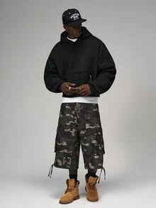 STYNVO Áo hoodie nam oversize họa tiết chữ, vai trễ, kiểu chui đầu phong cách streetwear - màu đen - Xem 3