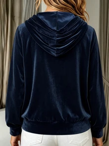 EMERY ROSE Solid Velvet Half Button Drawstring Hooded Tee - Royal Blue - View 2