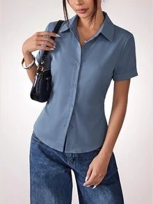 SHEIN PETITE 女士襯衫 - 霧霾藍 - 查看 4