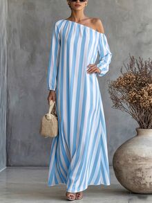 Breezaya Striped Print Asymmetrical Shoulder Dress - Blue and White - View 4